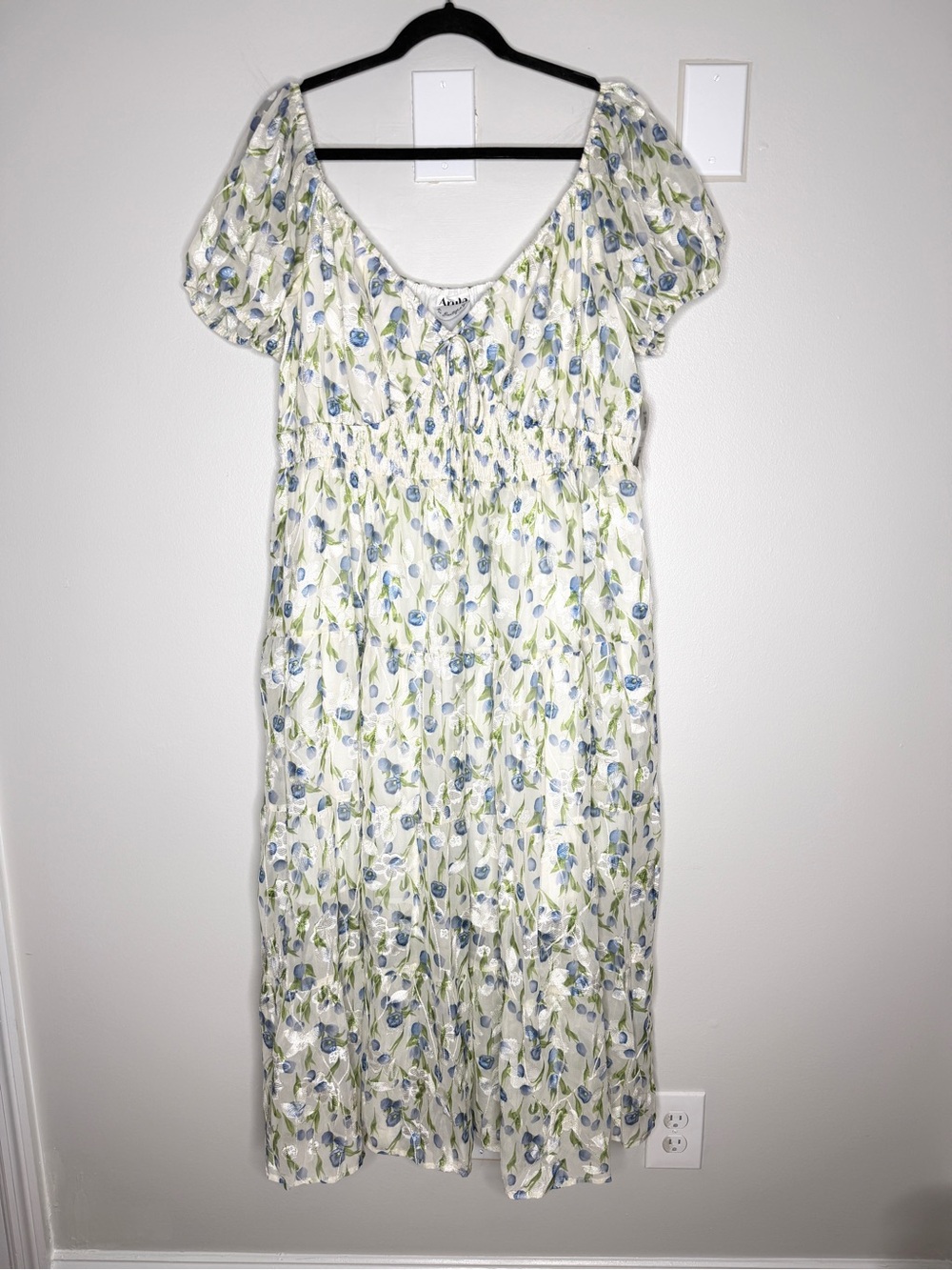 NWT Arula Cottagecore Blue Floral Puff Sleeve Midi Dress Chiffon Size 2X Plus